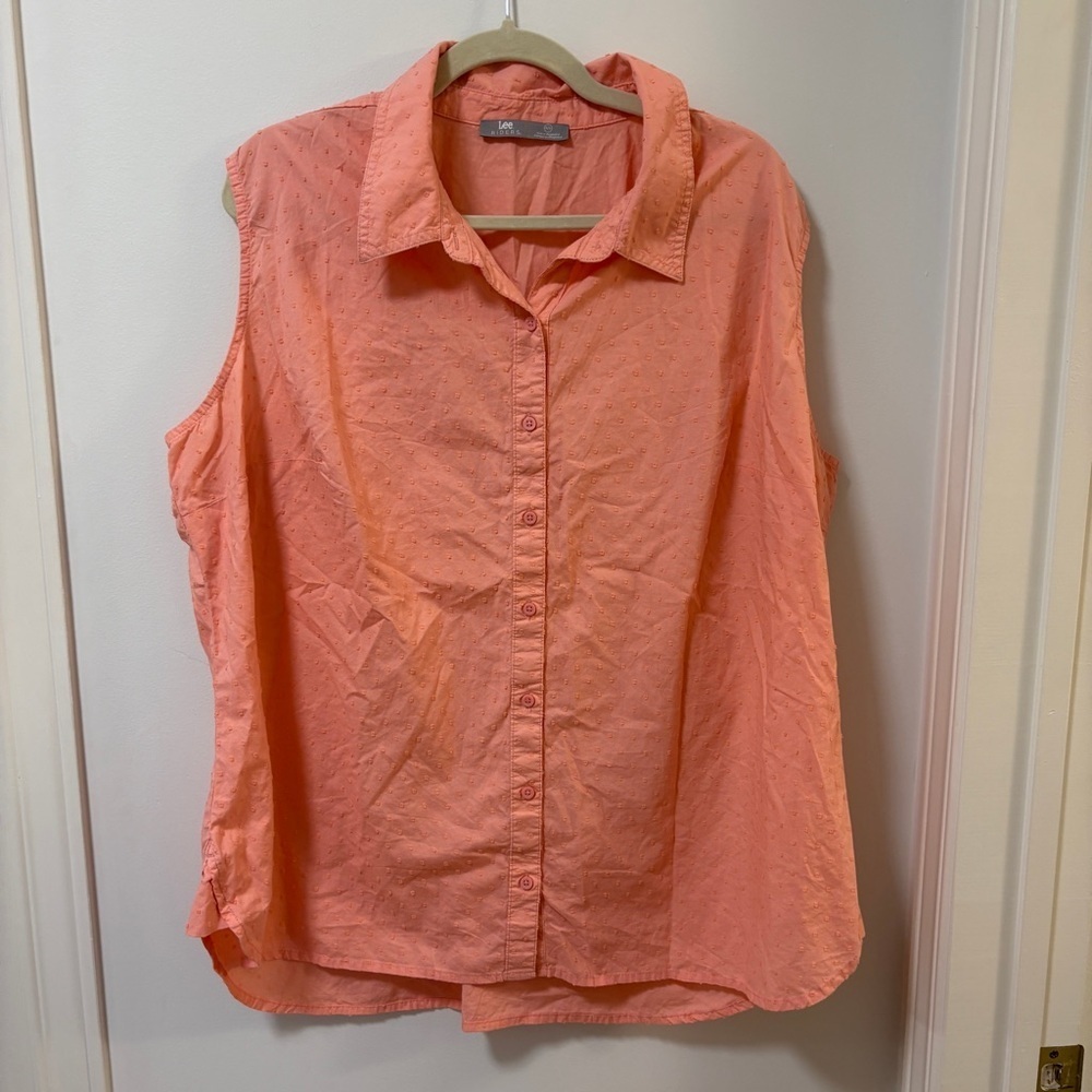 𝅺Lee Riders Coral Sleeveless Blouse Women's 1XL Cotton Textured Polk a Dot